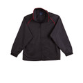 Black lightweight zip-up jacket with red contrast piping along collar and raglan sleeves