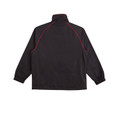 Black lightweight jacket with red contrast piping along raglan sleeves and stand-up collar, back view