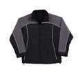 Black and charcoal fleece jacket with white piping detail and full front zipper