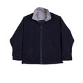 Navy fleece jacket with grey hood, full zip closure and front pockets, laid flat showing reversible construction