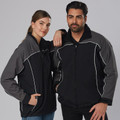 Man and woman wearing black and charcoal reversible fleece jackets with white contrast piping and front zip