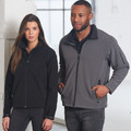 Charcoal grey softshell jacket with black collar and sleeve pocket detail, paired with black women's softshell jacket
