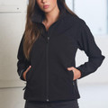 Black stretchy softshell jacket with full zip closure, stand collar, and side pockets with zip details