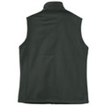 Back view of a forest green ladies sleeveless softshell vest with mock collar and side seam panels