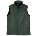 Forest green ladies softshell vest with full-length zip, stand collar, and twin zip side pockets