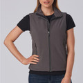 Women's charcoal softshell vest with black contrast collar, zip-through front and side zip pockets