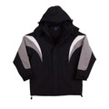 Black hooded jacket with grey and white contrast panels on shoulders and sleeves