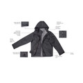 Charcoal women's hooded jacket flat lay with callout annotations showing hood, cuffs, storm flap and inner vest