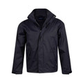 Navy water-resistant jacket with concealed hood, zip front closure and side pockets
