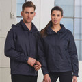 Navy jacquard taslon jackets with concealed zip front and hood, shown in men's and women's fits