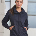 Navy blue women's hooded jacket with front zipper closure and side pockets in water-resistant taslon fabric