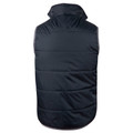 Back view of navy padded reversible winter vest with contrast charcoal side panels and quilted insulation