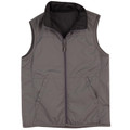Charcoal reversible puffer vest with black lining, stand collar, full-length zip and side pockets