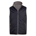 Navy and charcoal grey reversible puffer vest with centre zip, stand collar, and contrast zip pockets