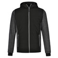Black coral fleece jacket with charcoal heather sleeves, grey contrast zipper and hood drawcords
