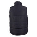 Black quilted puffer vest with high collar and horizontal channel stitching across back