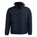 Navy quilted puffer jacket with full zip front and horizontal channel stitching detail