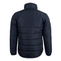 Navy quilted puffer jacket shown from back with horizontal channel stitching and high collar