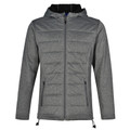 Charcoal heather quilted jacket with hood, full-length zipper, and contrasting black inner hood lining