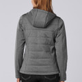 Back view of women's charcoal heather quilted jacket with hood, bonded panels and seam detailing
