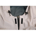 Close-up of light grey zip-up jacket showing black centre zip, velcro chest tabs, drawcord hood, and dark mesh lining