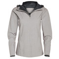 Women's light grey marl waterproof jacket with charcoal stand collar, centre-front zip and side zip pockets