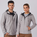 Man and woman wearing light grey hooded waterproof jackets with charcoal contrast hood lining and zip front