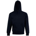 Deep navy pullover hoodie with kangaroo pocket and ribbed cuffs and hem
