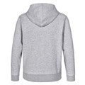 Heather grey pullover hoodie with contrast ribbed cuffs and hem, viewed from back showing hood detail