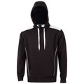 COSMIC unisex contrast fleece hoodie jumper in Black with White shoulder panels and piping. Made from 320 GSM cotton-poly blend, this windproof sweater is designed for casual comfort and branding.