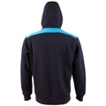 Navy fleece hoodie with cyan blue contrast shoulder panels and hood, back view