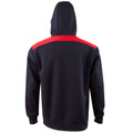 Navy fleece hoodie with red contrast shoulder panels and hood, back view