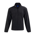 Charcoal grey polar fleece pullover with half zip collar and long sleeves on white background