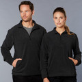 Black unisex polar fleece pullovers with half zip closure, collar and front pockets modeled by man and woman