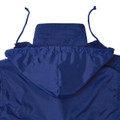 Royal blue waterproof jacket with hood featuring drawstring adjustment and fleece lining visible at collar