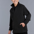Child wearing charcoal grey polar fleece pullover with half zip neck and front pockets