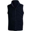 Navy blue sleeveless fleece vest with full-length zip and stand-up collar, flat lay packshot
