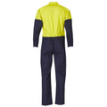 Back view of hi-vis yellow and navy two-tone long sleeve cotton drill coverall with zip front