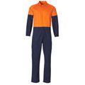 Orange and navy two-tone cotton drill coverall with button front, chest pockets and long sleeves