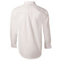 White men's long sleeve poplin business shirt rear view showing box pleat, curved hem and buttoned cuffs
