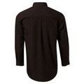 Black long sleeve business shirt with collar, back view showing smooth poplin fabric and curved hem
