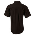 Black short sleeve poplin business shirt with back pleat and curved hem, rear view