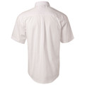 White short sleeve business shirt back view with box pleat and curved hem