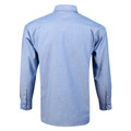 Back view of sky blue chambray long sleeve shirt with collar and button cuffs