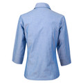 Back view of chambray blue ladies shirt with three-quarter sleeves and classic collar