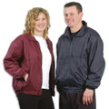 Man and woman wearing fleece lined zip-up jackets in navy and burgundy with stand collar and zip pockets