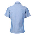 Back view of ladies pale blue chambray short sleeve shirt with fold-down collar and tailored fit