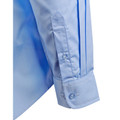 Sky blue long sleeve dress shirt detail showing button cuff, placket stitching and smooth fabric finish