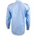 Back view of a light blue long sleeve shirt with navy epaulette shoulder tabs and button cuffs