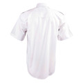 White short sleeve work shirt with shoulder epaulettes and collar, rear view showing smooth back panel